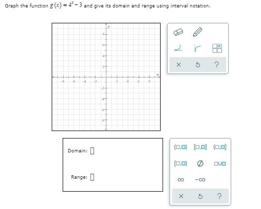 Graph the function g (x) = 4* - 3 and give its domain and range using interval notation.
?
27
(0,0) 0.0) (0.0)
Domain: |
[(0.0) Ø
DUO
Range:
-00
?
