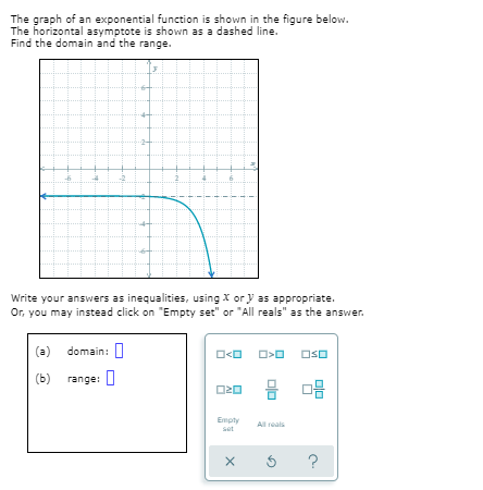 The graph of an exponential function is shown in the figure below.
The horizontal asymptote is shown as a dashed line.
Find the domain and the range.
Write your answers as inequalities, using X or y as appropriate.
Or, you may instead click on "Empty set" or "All reals" as the answer.
(a)
domain: I
O<O
OSO
(b)
range: I
O20
Empty
All reals
set
?
