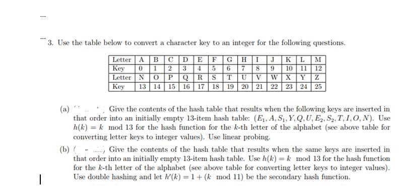 3. Use the table below to convert a character key to an integer for the following questions.
Letter A Bc |D EF|G |H |I |J |K L M
Key
Letter NOPQRS
Key
0 12 3 45 6 789 10 11 12
TUVWXYZ
13 14 15 16 17 18 19 20 21 22 23 24 25
(a)
that order into an initially empty 13-item hash table: (E, A, S1, Y, Q,U, E2, S2, T, I,0, N). Use
h(k) = k mod 13 for the hash function for the k-th letter of the alphabet (see above table for
converting letter keys to integer values). Use linear probing.
Give the contents of the hash table that results when the following keys are inserted in
(b) -, Give the contents of the hash table that results when the same keys are inserted in
that order into an initially empty 13-item hash table. Use h(k) = k mod 13 for the hash function
for the k-th letter of the alphabet (see above table for converting letter keys to integer values).
Use double hashing and let h'(k) =1+ (k mod 11) be the secondary hash function.
