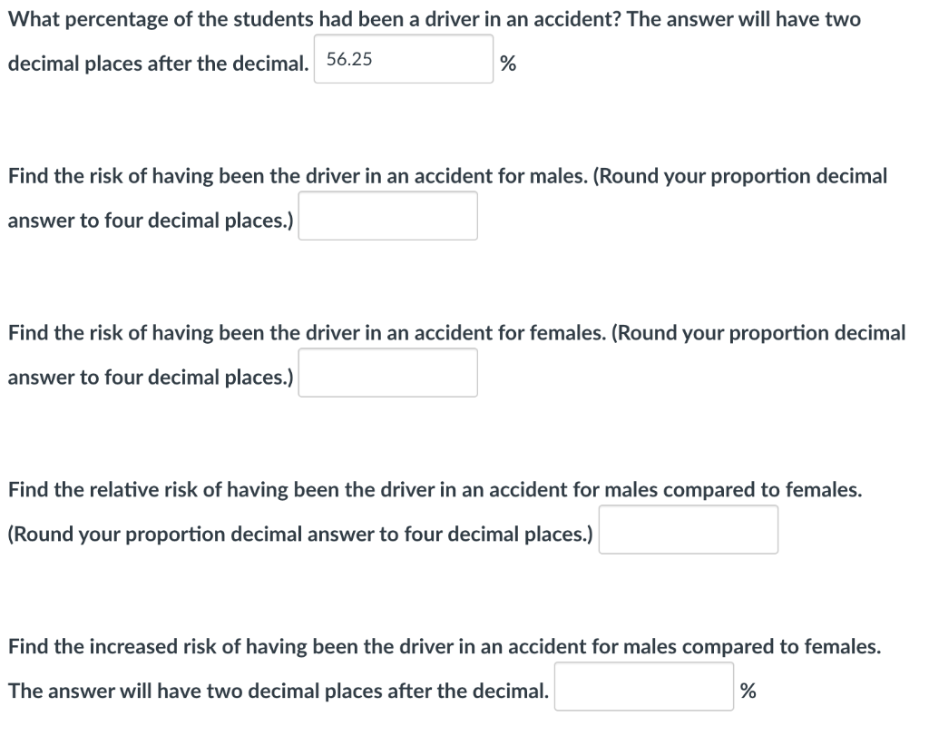 What percentage of the students had been a driver in an accident? The answer will have two
decimal places after the decimal. 56.25
%
Find the risk of having been the driver in an accident for males. (Round your proportion decimal
answer to four decimal places.)
Find the risk of having been the driver in an accident for females. (Round your proportion decimal
answer to four decimal places.)
Find the relative risk of having been the driver in an accident for males compared to females.
(Round your proportion decimal answer to four decimal places.)
Find the increased risk of having been the driver in an accident for males compared to females.
The answer will have two decimal places after the decimal.
%
