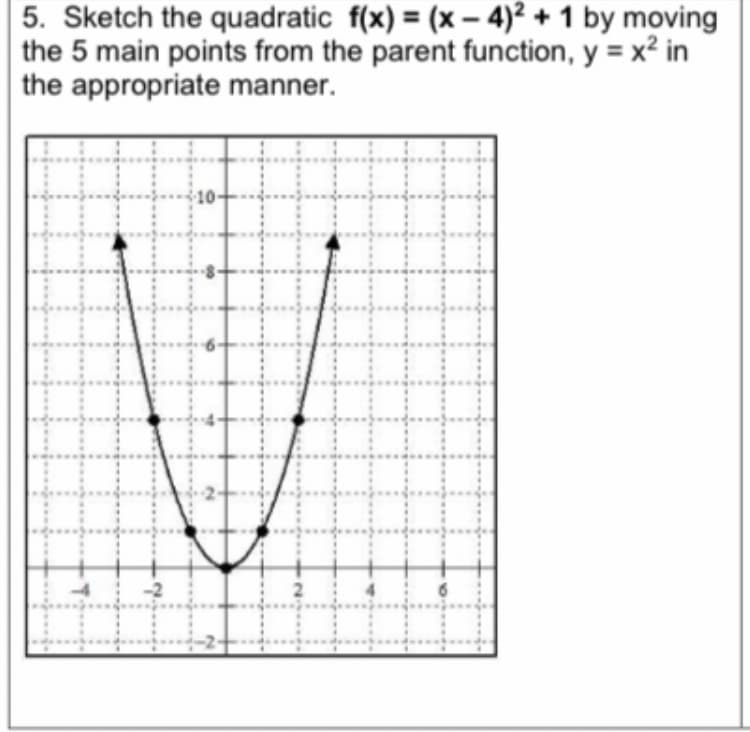 5. Sketch the quadratic f(x) = (x-4)² + 1 by moving
the 5 main points from the parent function, y = x² in
the appropriate manner.
10-