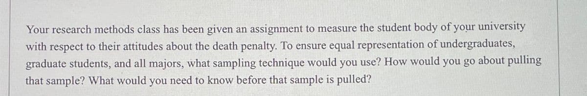 Your research methods class has been given an assignment to measure the student body of your university
with respect to their attitudes about the death penalty. To ensure equal representation of undergraduates,
graduate students, and all majors, what sampling technique would you use? How would you go about pulling
that sample? What would you need to know before that sample is pulled?