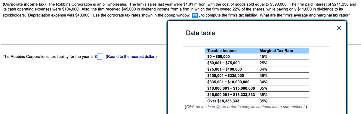 (Corporate income tax) The Robbins Corporation is an oil wholesaler. The firm's sales last year were $1.01 million, with the cost of goods sold equal to $590,000. The firm paid interest of $211,250 and
its cash operating expenses were $104,000. Also, the firm received $45,000 in dividend income from a firm in which the firm owned 22% of the shares, while paying only $11,000 in dividends to its
stockholders. Depreciation expense was $48,000. Use the corporate tax rates shown in the popup window, , to compute the firm's tax liability. What are the firm's average and marginal tax rates?
☑
The Robbins Corporation's tax liability for the year is $
(Round to the nearest dollar.)
Data table
Taxable Income
Marginal Tax Rate
$0-$50,000
15%
$50,001 - $75,000
25%
$75,001-$100,000
34%
$100,001 - $335,000
39%
$335,001-$10,000,000
34%
$10,000,001 - $15,000,000
35%
$15,000,001-$18,333,333 38%
Over $18,333,333
35%
(Click on the icon in order to copy its contents into a spreadsheet.)