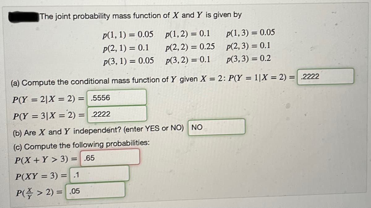 The joint probability mass function of X andY is given by
p(1, 1) = 0.05 p(1,2) = 0.1
p(1, 3) = 0.05
p(2, 1) = 0.1
p(2, 2) = 0.25 p(2,3) = 0.1
p(3, 1) = 0.05 p(3,2) = 0.1
p(3,3) = 0.2
(a) Compute the conditional mass function of Y given X = 2: P(Y = 1|X = 2) = .2222
P(Y = 2|X = 2) = .5556
P(Y = 3|X = 2) = .2222
(b) Are X andY independent? (enter YES or NO) NO
(c) Compute the following probabilities:
P(X+Y > 3) = .65
P(XY = 3) = .1
P( > 2) = .05
