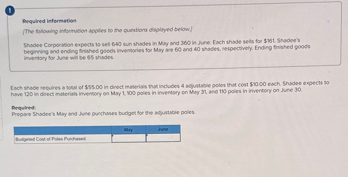 !
Required information
[The following information applies to the questions displayed below.]
Shadee Corporation expects to sell 640 sun shades in May and 360 in June. Each shade sells for $161. Shadee's
beginning and ending finished goods inventories for May are 60 and 40 shades, respectively. Ending finished goods
inventory for June will be 65 shades.
Each shade requires a total of $55.00 in direct materials that includes 4 adjustable poles that cost $10.00 each. Shadee expects to
I have 120 in direct materials inventory on May 1, 100 poles in inventory on May 31, and 110 poles in inventory on June 30.
Required:
Prepare Shadee's May and June purchases budget for the adjustable poles.
Budgeted Cost of Poles Purchased
May
June