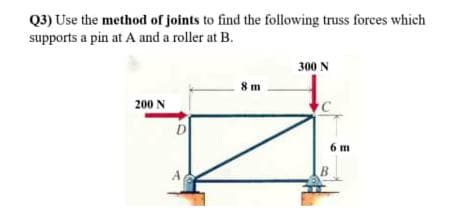 Q3) Use the method of joints to find the following truss forces which
supports a pin at A and a roller at B.
300 N
8 m
200 N
D
6 m
