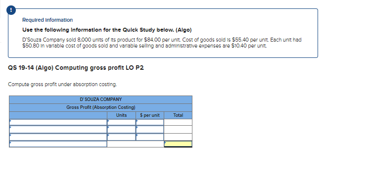 Required information
Use the following Information for the Quick Study below. (Algo)
D'Souza Company sold 8,000 units of its product for $84.00 per unit. Cost of goods sold is $55.40 per unit. Each unit had
$50.80 in variable cost of goods sold and variable selling and administrative expenses are $10.40 per unit.
QS 19-14 (Algo) Computing gross profit LO P2
Compute gross profit under absorption costing.
D'SOUZA COMPANY
Gross Profit (Absorption Costing)
Units
$ per unit
Total