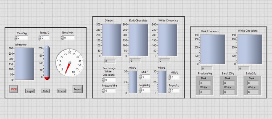 Winnower
300-
250-
200-
150-
100-
50-
0-
Mass/kg
0
STOP
Sugar
Temp/C
0
200-
150-
100-
50
Milk
Time/min
0
20
-15
10
5
25
Cocoa
30
35
60
A
40
45-
50
55
3
Report
300-
250-
200-
150-
100-
50-
0-
Grinder
0
Percentage
White
Chocolate
0
Pressure/kPa
0
300-
250-
200-
150-
100-
50-
0-
50-
25-
0-
Dark Chocolate
Milk/L
0
300-
250-
200-
150-
100-
50-
0-
Sugar/kg
0
Milk/L 50-
0
White Chocolate
Milk/L
25-
0
Milk/L
0
Sugar/kg
0
350-
300-
200
100
0-
Dark Chocolate
0
Produce/kg
Dark
0
White
0
350-
300-
200-
100-
0-
Bars/200g
Dark
0
White
0
White Chocolate
0
Balls/20g
Dark
0
White
0