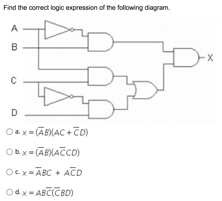 Find the correct logic expression of the following diagram.
A
B
D
O a. x = (AB)(ACC+CD)
O b. x = (AB)(ACCD)
O C. x = ĀBC + ACD
С.
O d. x = ABC(CBD)
