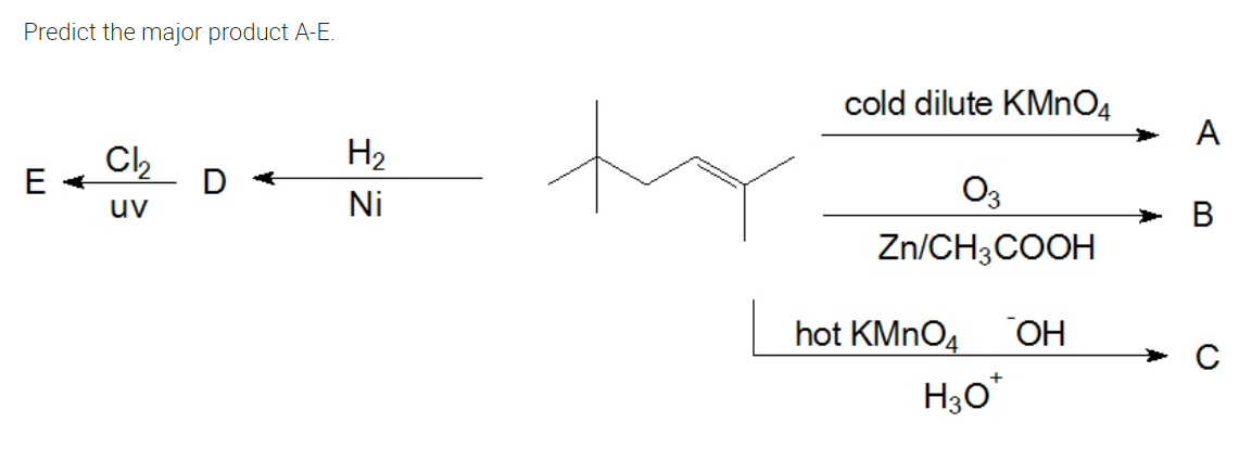 Predict the major product A-E.
cold dilute KMnO4
A
Ch
H2
Ni
O3
uv
В
Zn/CH3COOH
hot KMNO4
ОН
H3o*
