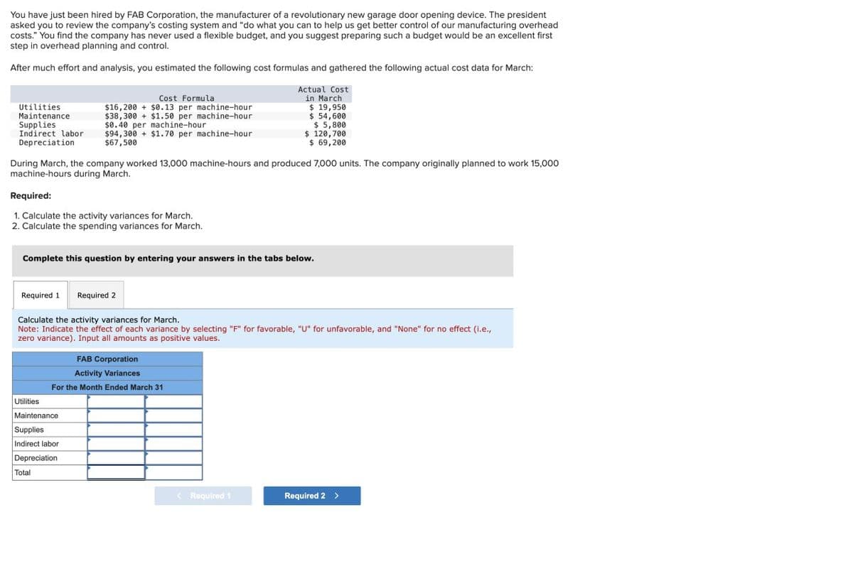 You have just been hired by FAB Corporation, the manufacturer of a revolutionary new garage door opening device. The president
asked you to review the company's costing system and "do what you can to help us get better control of our manufacturing overhead
costs." You find the company has never used a flexible budget, and you suggest preparing such a budget would be an excellent first
step in overhead planning and control.
After much effort and analysis, you estimated the following cost formulas and gathered the following actual cost data for March:
Actual Cost
in March
$ 19,950
$ 54,600
$ 5,800
$ 120,700
$69,200
Utilities
Maintenance
Supplies
Indirect labor
Depreciation
Cost Formula
$16,200+ $0.13 per machine-hour
$38,300+ $1.50 per machine-hour
$0.40 per machine-hour
$94,300+ $1.70 per machine-hour
$67,500
During March, the company worked 13,000 machine-hours and produced 7,000 units. The company originally planned to work 15,000
machine-hours during March.
Required:
1. Calculate the activity variances for March.
2. Calculate the spending variances for March.
Complete this question by entering your answers in the tabs below.
Required 1 Required 2
Calculate the activity variances for March.
Note: Indicate the effect of each variance by selecting "F" for favorable, "U" for unfavorable, and "None" for no effect (i.e.,
zero variance). Input all amounts as positive values.
Utilities
Maintenance
Supplies
Indirect labor
Depreciation
Total
FAB Corporation
Activity Variances
For the Month Ended March 31
< Required 1
Required 2 >