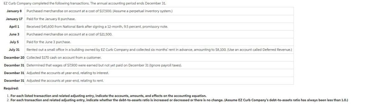 EZ Curb Company completed the following transactions. The annual accounting period ends December 31.
January 8 Purchased merchandise on account at a cost of $17,500. (Assume a perpetual inventory system.)
January 17 Paid for the January 8 purchase.
April 1
Received $45,600 from National Bank after signing a 12-month, 9.5 percent, promissory note.
June 3
Purchased merchandise on account at a cost of $21,500.
July 5
Paid for the June 3 purchase.
July 31 Rented out a small office in a building owned by EZ Curb Company and collected six months' rent in advance, amounting to $8,100. (Use an account called Deferred Revenue.)
December 20 Collected $170 cash on account from a customer.
December 31 Determined that wages of $7,900 were earned but not yet paid on December 31 (Ignore payroll taxes).
December 31 Adjusted the accounts at year-end, relating to interest.
December 31 Adjusted the accounts at year-end, relating to rent.
Required:
1. For each listed transaction and related adjusting entry, indicate the accounts, amounts, and effects on the accounting equation.
2. For each transaction and related adjusting entry, indicate whether the debt-to-assets ratio is increased or decreased or there is no change. (Assume EZ Curb Company's debt-to-assets ratio has always been less than 1.0.)