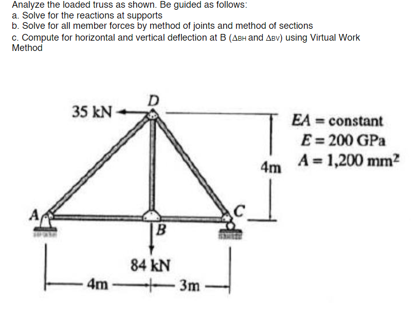 Analyze the loaded truss as shown. Be guided as follows:
a. Solve for the reactions at supports
b. Solve for all member forces by method of joints and method of sections
c. Compute for horizontal and vertical deflection at B (ABH and ABV) using Virtual Work
Method
35 kN-
4m
B
84 kN
3m
4m
c]
EA= constant
E = 200 GPa
A = 1,200 mm²