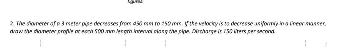 figures
2. The diameter of a 3 meter pipe decreases from 450 mm to 150 mm. If the velocity is to decrease uniformly in a linear manner,
draw the diameter profile at each 500 mm length interval along the pipe. Discharge is 150 liters per second.