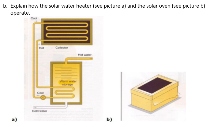 b. Explain how the solar water heater (see picture a) and the solar oven (see picture b)
operate.
Cool
Hot
Collector
Hot water
Warm water
storage
Cool
Cold water
а)
b)
