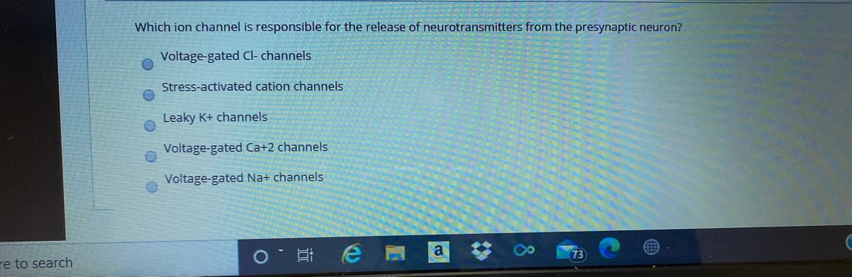 Which ion channel is responsible for the release of neurotransmitters from the presynaptic neuron?
Voltage-gated CI- channels
Stress-activated cation channels
Leaky K+ channels
Voltage-gated Ca+2 channels
Voltage-gated Na+ channels
re to search
73
