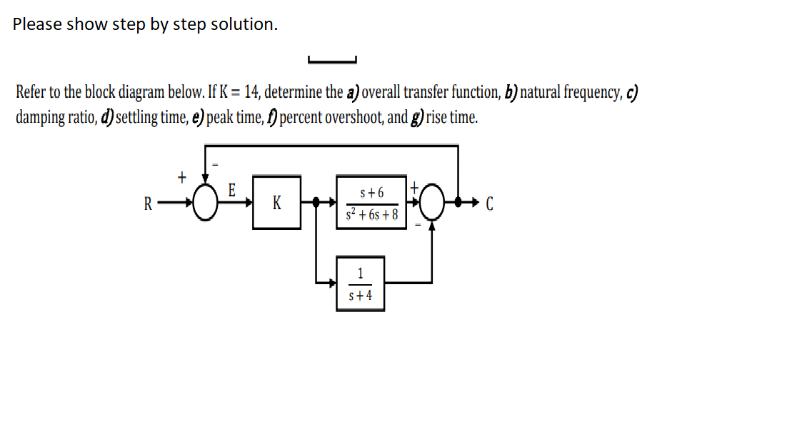 Please show step by step solution.
Refer to the block diagram below. If K = 14, determine the a) overall transfer function, b) natural frequency, c)
damping ratio, d) settling time, e) peak time, f) percent overshoot, and g) rise time.
+
E
s+6
R
K
C
s? + 6s +8
1
s+4
