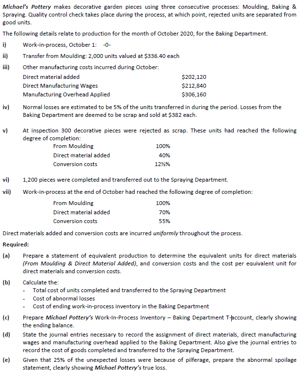 Michael's Pottery makes decorative garden pieces using three consecutive processes: Moulding, Baking &
Spraying. Quality control check takes place during the process, at which point, rejected units are separated from
good units.
The following details relate to production for the month of October 2020, for the Baking Department.
i)
Work-in-process, October 1: -0-
ii)
Transfer from Moulding: 2,000 units valued at $336.40 each
iii)
Other manufacturing costs incurred during October:
Direct material added
$202,120
Direct Manufacturing Wages
$212,840
Manufacturing Overhead Applied
$306,160
iv)
Normal losses are estimated to be 5% of the units transferred in during the period. Losses from the
Baking Department are deemed to be scrap and sold at $382 each.
v)
At inspection 300 decorative pieces were rejected as scrap. These units had reached the following
degree of completion:
From Moulding
100%
Direct material added
40%
Conversion costs
12%%
vi)
1,200 pieces were completed and transferred out to the Spraying Department.
vii)
Work-in-process at the end of October had reached the following degree of completion:
From Moulding
100%
Direct material added
70%
Conversion costs
55%
Direct materials added and conversion costs are incurred uniformly throughout the process.
Required:
(a)
Prepare a statement of equivalent production to determine the equivalent units for direct materials
(From Moulding & Direct Material Added), and conversion costs and the cost per equivalent unit for
direct materials and conversion costs.
(b)
Calculate the:
Total cost of units completed and transferred to the Spraying Department
- Cost of abnormal losses
Cost of ending work-in-process inventory in the Baking Department
(c)
Prepare Michael Pottery's Work-In-Process Inventory - Baking Department T-pccount, clearly showing
the ending balance.
(d)
State the journal entries necessary to record the assignment of direct materials, direct manufacturing
wages and manufacturing overhead applied to the Baking Department. Also give the journal entries to
record the cost of goods completed and transferred to the Spraying Department.
(e)
Given that 25% of the unexpected losses were because of pilferage, prepare the abnormal spoilage
statement, clearly showing Michael Pottery's true loss.

