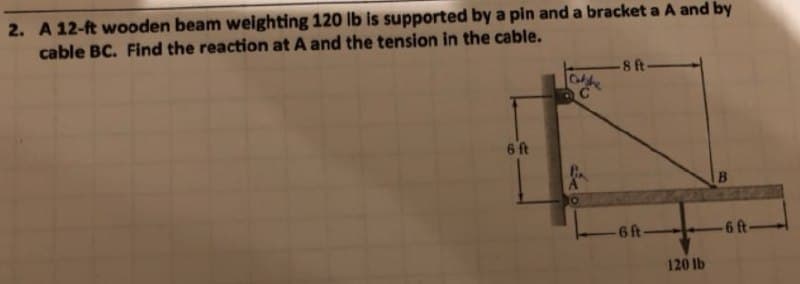 2. A 12-ft wooden beam weighting 120 lb is supported by a pin and a bracket a A and by
cable BC. Find the reaction at A and the tension in the cable.
6 ft
-8 ft-
-6 ft-
120 lb
-6 ft-