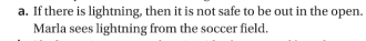 a. If there is lightning, then it is not safe to be out in the open.
Marla sees lightning from the soccer field.
