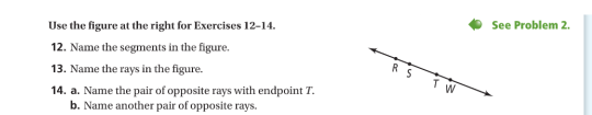 Use the figure at the right for Exercises 12-14.
See Problem 2.
12. Name the segments in the figure.
13. Name the rays in the figure.
14. a. Name the pair of opposite rays with endpoint T.
b. Name another pair of opposite rays.
