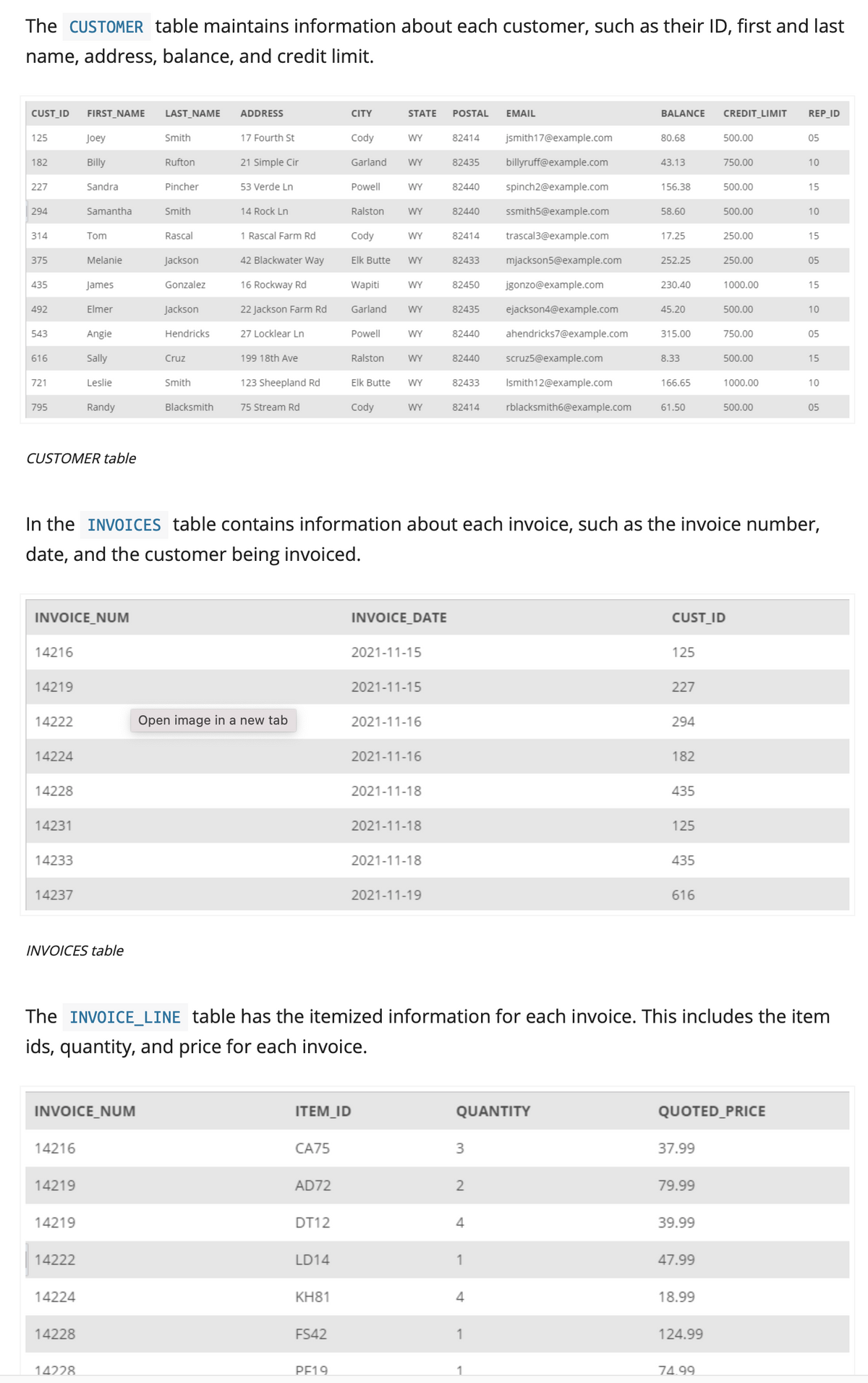 The CUSTOMER table maintains information about each customer, such as their ID, first and last
name, address, balance, and credit limit.
CUST_ID
FIRST_NAME
LAST_NAME
ADDRESS
CITY
STATE
POSTAL
EMAIL
BALANCE
CREDIT_LIMIT
REP_ID
125
Joey
Smith
17 Fourth St
Cody
WY
82414
jsmith17@example.com
80.68
500.00
05
182
Billy
Rufton
21 Simple Cir
Garland
WY
82435
billyruff@example.com
43.13
750.00
10
227
Sandra
Pincher
53 Verde Ln
Powell
WY
82440
spinch2@example.com
156.38
500.00
15
294
Samantha
Smith
14 Rock Ln
Ralston
WY
82440
ssmith5@example.com
58.60
500.00
10
314
Tom
Rascal
1 Rascal Farm Rd
Cody
WY
82414
trascal3@example.com
17.25
250.00
15
375
Melanie
Jackson
42 Blackwater Way
Elk Butte
WY
82433
mjackson5@example.com
252.25
250.00
05
435
James
Gonzalez
16 Rockway Rd
Wapiti
WY
82450
jgonzo@example.com
230.40
1000.00
15
492
Elmer
Jackson
22 Jackson Farm Rd
Garland
WY
82435
ejackson4@example.com
45.20
500.00
10
543
Angie
Hendricks
27 Locklear Ln
Powell
WY
82440
ahendricks7@example.com
315.00
750.00
05
616
Sally
Cruz
199 18th Ave
Ralston
WY
82440
scruz5@example.com
8.33
500.00
15
721
Leslie
Smith
123 Sheepland Rd
Elk Butte
WY
82433
Ismith12@example.com
166.65
1000.00
10
795
Randy
Blacksmith
75 Stream Rd
Cody
WY
82414
rblacksmith6@example.com
61.50
500.00
05
CUSTOMER table
In the INVOICES table contains information about each invoice, such as the invoice number,
date, and the customer being invoiced.
INVOICE_NUM
INVOICE_DATE
CUST_ID
14216
2021-11-15
125
14219
2021-11-15
227
14222
Open image in a new tab
2021-11-16
294
14224
2021-11-16
182
14228
2021-11-18
435
14231
2021-11-18
125
14233
2021-11-18
435
14237
2021-11-19
616
INVOICES table
The INVOICE_LINE table has the itemized information for each invoice. This includes the item
ids, quantity, and price for each invoice.
INVOICE_NUM
ITEM_ID
QUANTITY
QUOTED_PRICE
14216
CA75
3
37.99
14219
AD72
2
79.99
14219
DT12
39.99
14222
LD14
1
47.99
14224
KH81
4
18.99
14228
FS42
1
124.99
14228.
PE19
74.99
