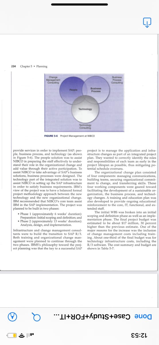 234 Chapter 5• Planning
Change
Management
Consulting
Business
Process
Consulting
Business
Process
People
Technology
Technology
Consulting
FIGURE S-6 Project Management at NIBCO
provide services in order to implement SAP: peo- project is to manage the application and infra-
ple, business process, and technology (as shown structure changes as part of an integrated project
in Figure 5-6). The people solution was to assist
NIBCO in preparing the staff effectively to under- and responsibilities of each team as early in the
stand their role in the organizational change and project lifespan as possible, thus mitigating po-
add value through their active participation. To tential schedule overruns.
assist NIBCO to take advantage of SAP's business
solutions, business processes were designed. The of four components: managing communications,
technology part of the integrated solution was to
assist NIBCO in setting up the SAP infrastructure
in order to satisfy business requirements. IBM's
view of the project was to have a balanced formal
project methodology approach between the new
technology and the new organizational change. ogy changes. A training and education plan was
IBM recommended that NIBCO's core team assist also developed to provide ongoing educational
IBM in the SAP implementation. The project was
planned to be built in two phases:
plan. They wanted to correctly identify the roles
The organizational change plan consisted
building teams, securing organizational commit-
ment to change, and transferring skills. These
four working components were geared toward
facilitating the development of a sustainable or-
ganization, the business process, and technol-
reinforcement to the core, IT, functional, and ex-
tended staff.
The initial WBS was broken into an initial
scoping and definition phase as well as an imple-
mentation phase. The final project budget was
estimated to be about $17 million, 30 percent
higher than the previous estimate. One of the
major reasons for the increase was the inclusion
of change management costs including train-
• Phase 1 (approximately 6 weeks' duration):
Preparation: Initial scoping and definition; and
• Phase 2 (approximately 13 weeks' duration):
Analysis, design, and implementation.
Infrastructure and change management consul-
tants were to build the transition to SAP R/3.
Both training and organizational change man- ing. About one-third of the final budget was for
agement were planned to continue through the technology infrastructure costs, including the
two phases. IBMS's philosophy toward the proj- R/3 software. The cost summary and budget are
ect planning was that the key to a successful SAP shown in Table 5-7.
Done Case+Study+FOR+IT...
12:53
