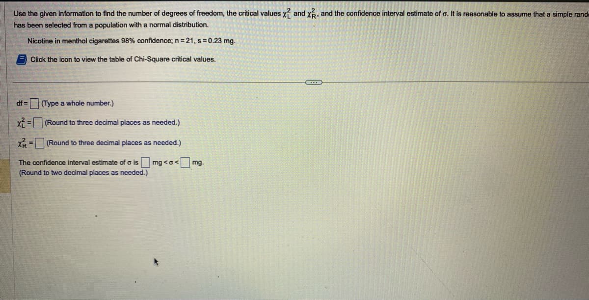 Use the given information to find the number of degrees of freedom, the critical values x2 and x, and the confidence interval estimate of o. It is reasonable to assume that a simple rand
has been selected from a population with a normal distribution.
Nicotine in menthol cigarettes 98% confidence; n = 21, s = 0.23 mg.
Click the icon to view the table of Chi-Square critical values.
df=
(Type a whole number.)
(Round to three decimal places as needed.)
(Round to three decimal places as needed.)
mg<a<
x² =
X=
The confidence interval estimate of o is
(Round to two decimal places as needed.)
mg.