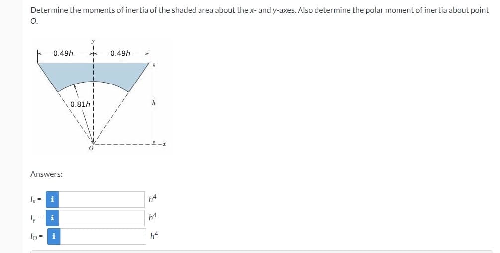 Determine the moments of inertia of the shaded area about thex- and y-axes. Also determine the polar moment of inertia about point
O.
-0.49h
-0.49h
0.81h
h
Answers:
y= i
h4
ly = i
h4
lo = i
h4
