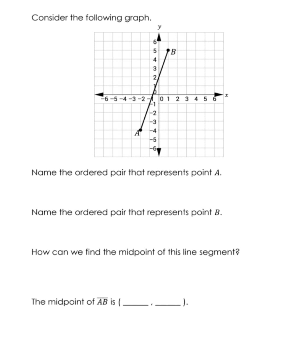 Consider the following graph.
y
6
'B
4
3
-6 -5 -4 –3 –2 A 0 1 2 3 4 5 6
-1
-2
-3
-4
-5
Name the ordered pair that represents point A.
Name the ordered pair that represents point B.
How can we find the midpoint of this line segment?
The midpoint of AB is (
:).
