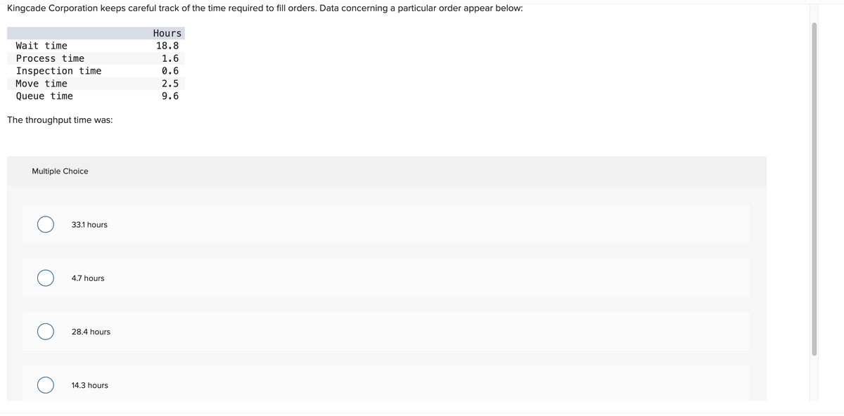 Kingcade Corporation keeps careful track of the time required to fill orders. Data concerning a particular order appear below:
Wait time
Process time
Inspection time
Move time
Queue time
The throughput time was:
Multiple Choice
33.1 hours
4.7 hours
28.4 hours
14.3 hours
Hours
18.8
1.6
0.6
2.5
9.6