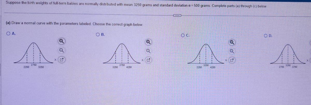 Suppose the birth weights of full-term babies are normally distributed with mean 3250 grams and standard deviation o= 500 grams. Complete parts (a) through (c) below.
(a) Draw a normal curve with the parameters labeled. Choose the correct graph below.
OA.
B.
A A
2750
3750
2250
3250
3250
4250
G
Q
Q
OC.
2250
3250
4250
X
Q
01
O D.
A
3250
2750
3750