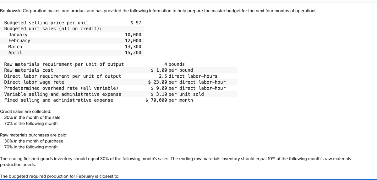 Bonkowski Corporation makes one product and has provided the following information to help prepare the master budget for the next four months of operations:
Budgeted selling price per unit
$ 97
Budgeted unit sales (all on credit):
January
February
March
April
Raw materials requirement per unit of output
Raw materials cost
Direct labor requirement per unit of output
Direct labor wage rate
Predetermined overhead rate (all variable)
Variable selling and administrative expense
Fixed selling and administrative expense
Credit sales are collected:
30% in the month of the sale
70% in the following month
Raw materials purchases are paid:
30% in the month of purchase
70% in the following month
10,000
12,000
13,300
15, 200
The budgeted required production for February is closest to:
4 pounds
$ 1.00 per pound
2.5 direct labor-hours
$23.00 per direct labor-hour
$9.00 per direct labor-hour
$ 3.10 per unit sold
$ 70,000 per month
The ending finished goods inventory should equal 30% of the following month's sales. The ending raw materials inventory should equal 10% of the following month's raw materials
production needs.