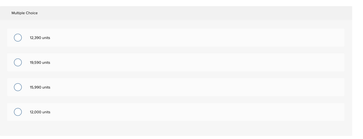 Multiple Choice
O
O
12,390 units
19,590 units
15,990 units
12,000 units
