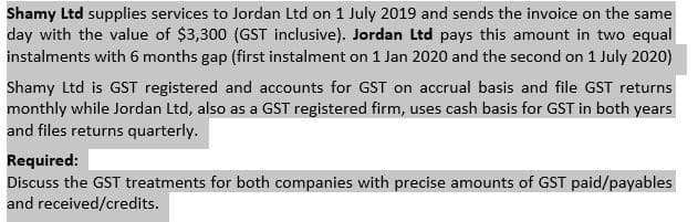 Shamy Ltd supplies services to Jordan Ltd on 1 July 2019 and sends the invoice on the same
day with the value of $3,300 (GST inclusive). Jordan Ltd pays this amount in two equal
instalments with 6 months gap (first instalment on 1 Jan 2020 and the second on 1 July 2020)
Shamy Ltd is GST registered and accounts for GST on accrual basis and file GST returns
monthly while Jordan Ltd, also as a GST registered firm, uses cash basis for GST in both years
and files returns quarterly.
Required:
Discuss the GST treatments for both companies with precise amounts of GST paid/payables
and received/credits.
