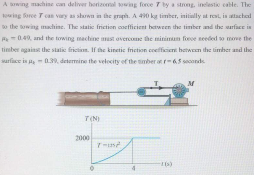 A towing machine can deliver horizontal towing force T by a strong, inclastic cable. The
towing force T can vary as shown in the graph. A 490 kg timber, initially at rest, is attached
to the towing machine. The static friction coefficient between the timber and the surface is
Hk = 0.49, and the towing machine must overcome the minimum force needed to move the
timber against the static friction. If the kinetic friction coefficient between the timber and the
surface is µg = 0.39, determine the velocity of the timber at t= 6.5 seconds.
M
T (N)
2000
T=125
(s)
