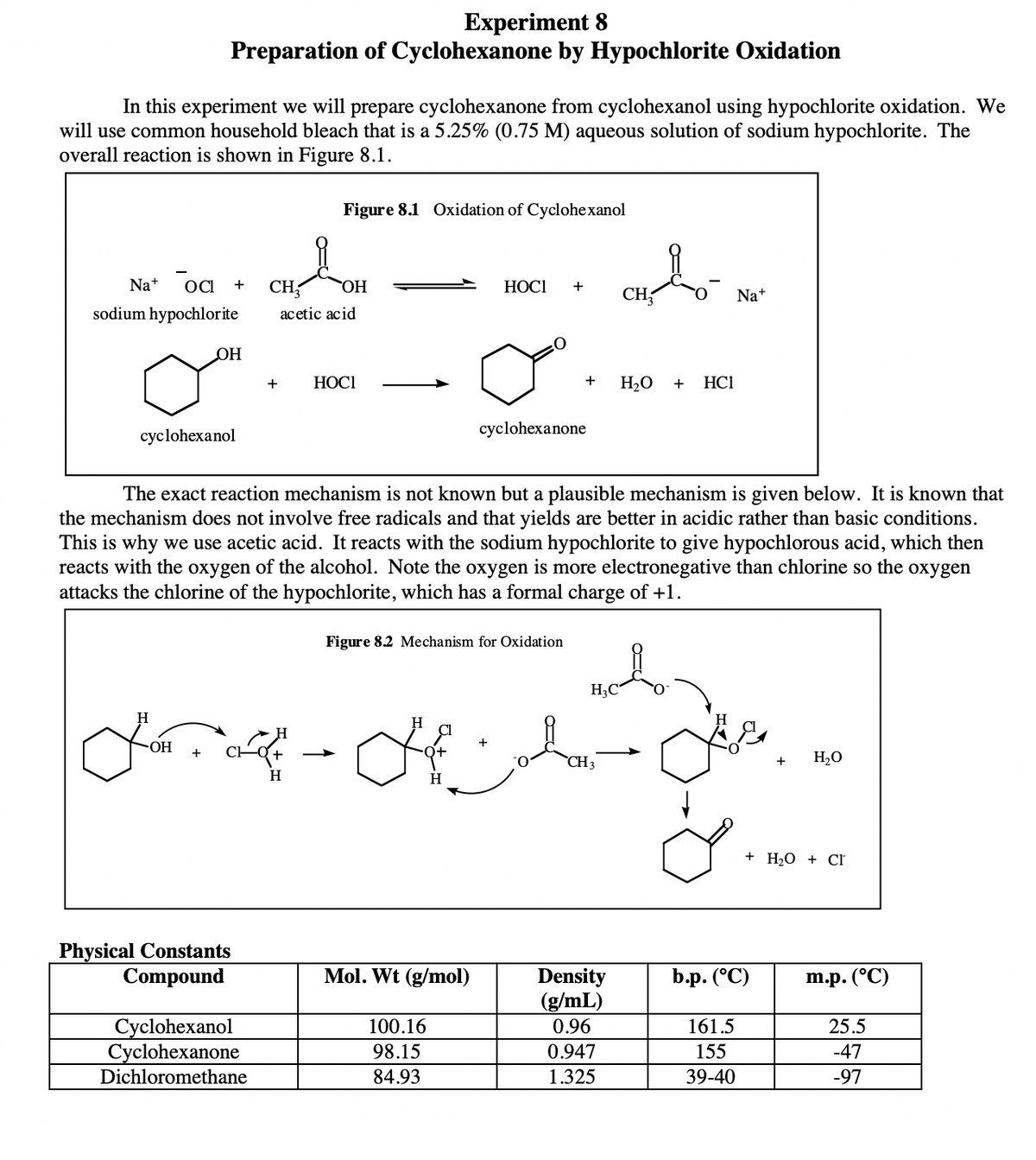 Experiment 8
Preparation of Cyclohexanone by Hypochlorite Oxidation
In this experiment we will prepare cyclohexanone from cyclohexanol using hypochlorite oxidation. We
will use common household bleach that is a 5.25% (0.75 M) aqueous solution of sodium hypochlorite. The
overall reaction is shown in Figure 8.1.
Figure 8.1 Oxidation of Cyclohexanol
Na+
OCI
+
CH,
HO
HOCI
+
CH
O.
Na+
sodium hypochlorite
аcetic acid
OH
HOCI
+
H2O +
HC1
+
cyclohexanol
cyclohexanone
The exact reaction mechanism is not known but a plausible mechanism is given below. It is known that
the mechanism does not involve free radicals and that yields are better in acidic rather than basic conditions.
This is why we use acetic acid. It reacts with the sodium hypochlorite to give hypochlorous acid, which then
reacts with the oxygen of the alcohol. Note the oxygen is more electronegative than chlorine so the
attacks the chlorine of the hypochlorite, which has a formal charge of +1.
охygen
Figure 8.2 Mechanism for Oxidation
H3C
H
-OH
CH 3
H2O
H
+ H20 + CF
Physical Constants
Compound
Mol. Wt (g/mol)
b.p. (°C)
Density
(g/mL)
0.96
m.p. (°C)
Cyclohexanol
Cyclohexanone
Dichloromethane
100.16
161.5
25.5
98.15
84.93
0.947
155
-47
1.325
39-40
-97
