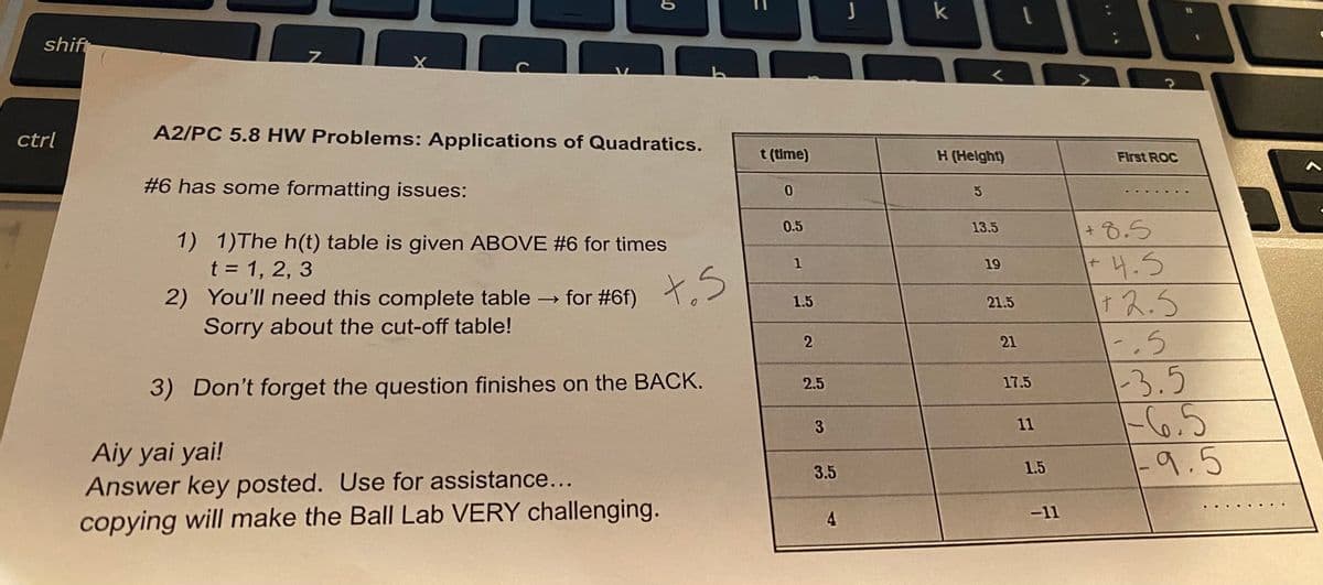 shift
ctrl
Z
X
20
A2/PC 5.8 HW Problems: Applications of Quadratics.
#6 has some formatting issues:
1) 1)The h(t) table is given ABOVE #6 for times
t = 1, 2, 3
2)
to
You'll need this complete table for #6f)
->>>
Sorry about the cut-off table!
3)
Don't forget the question finishes on the BACK.
Aiy yai yai!
Answer key posted. Use for assistance...
copying will make the Ball Lab VERY challenging.
C
t (time)
0
0.5
1
1.5
2
2.5
3
3.5
4
J
k
H (Height)
5
13.5
19
21.5
21
T
17.5
11
1.5
-11
First ROC
+8.5
+4.5
+2.5
-.5
-3.5
11
1-9.5
. . *