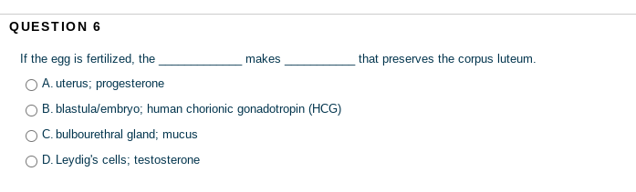 QUESTION 6
If the egg is fertilized, the
makes
that preserves the corpus luteum.
A. uterus; progesterone
B. blastula/embryo; human chorionic gonadotropin (HCG)
C. bulbourethral gland; mucus
O D. Leydig's cells; testosterone
