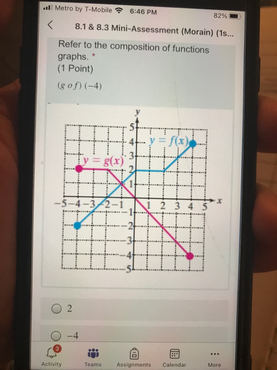 l Metro by T-Mobile ?
6:46 PM
82%
8.1 & 8.3 Mini-Assessment (Morain) (1s...
Refer to the composition of functions
graphs.
(1 Point)
(g of) (-4)
y = f(x)
y g(x)
-5-4-3/2-i
2 3 4
:::
...
Activity
Teams
Assignments
Calendar
More
10
2.
3.
