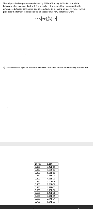 The original diode equation was derived by William Shockley in 1949 to model the
behaviour of germanium diodes. A few years later it was modified to account for the
differences between germanium and silicon diodes by including an ideality factor n. This
produced the form of the diode equation that you will now be familiar with:
eV
1 = 1₁ [exp()-1]
3) Extend your analysis to extract the reverse saturation current under strong forward bias.
VD (V)
0.100
0.150
0.200
0.250
0.300
0.350
0.400
0.450
0.500
0.550
0.600
0.650
0.700
lo (A)
7.47E-11
1.93E-10
6.01E-10
1.54E-09
4.26E-09
1.00E-08
2.56E-08
1.78E-07
1.13E-06
6.48E-06
▬▬▬▬▬▬
4.71E-05
2.74E-04
1.94E-03