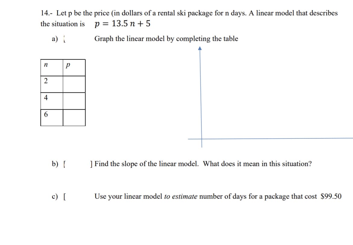 14.- Let p be the price (in dollars of a rental ski package for n days. A linear model that describes
the situation is
p = 13.5 n + 5
a) [
Graph the linear model by completing the table
] Find the slope of the linear model. What does it mean in this situation?
Use your linear model to estimate number of days for a package that cost $99.50
n
2
4
6
P
b) [
c) [