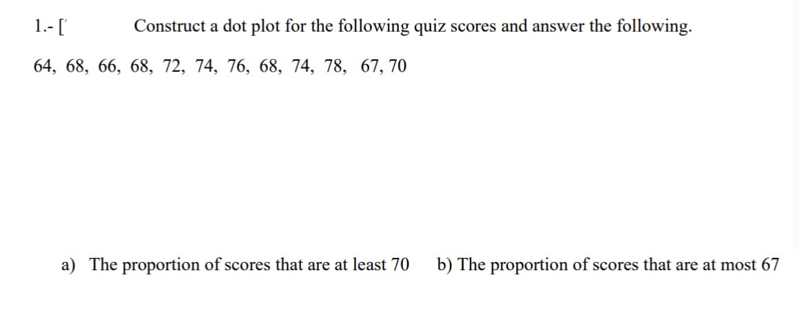 1.- ['
Construct a dot plot for the following quiz scores and answer the following.
64, 68, 66, 68, 72, 74, 76, 68, 74, 78, 67, 70
a) The proportion of scores that are at least 70 b) The proportion of scores that are at most 67