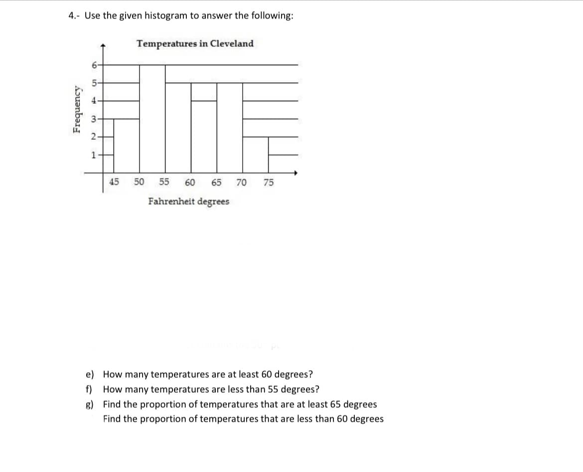 4.- Use the given histogram to answer the following:
Temperatures in Cleveland
5-
50 55 60 65 70 75
Fahrenheit degrees
e) How many temperatures are at least 60 degrees?
f) How many temperatures are less than 55 degrees?
g) Find the proportion of temperatures that are at least 65 degrees
Find the proportion of temperatures that are less than 60 degrees
Frequency
4
3
1
45