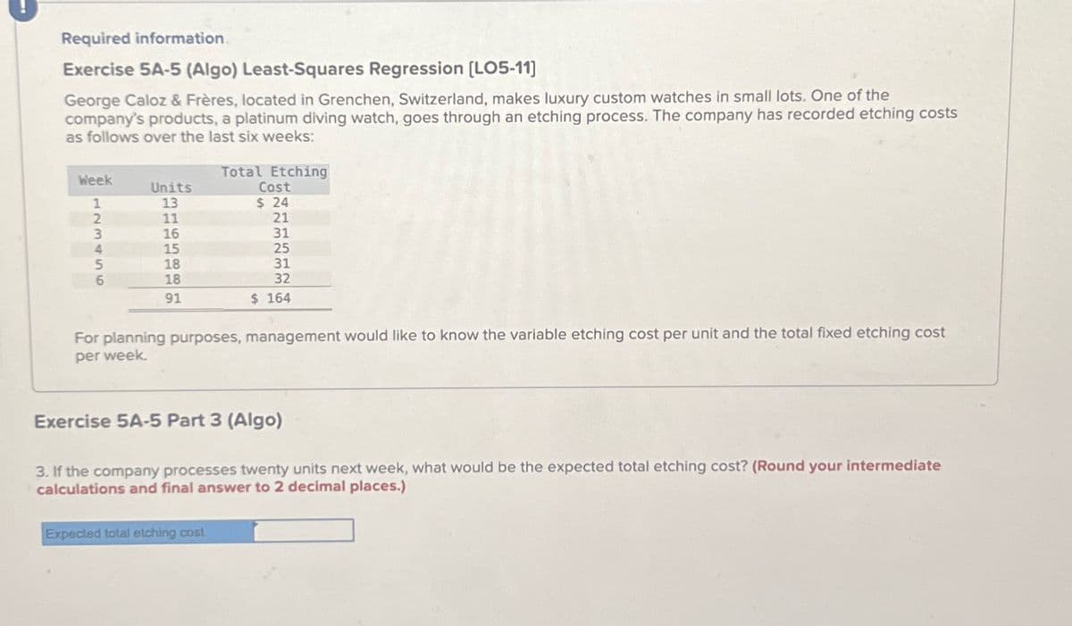 Required information
Exercise 5A-5 (Algo) Least-Squares Regression [LO5-11]
George Caloz & Frères, located in Grenchen, Switzerland, makes luxury custom watches in small lots. One of the
company's products, a platinum diving watch, goes through an etching process. The company has recorded etching costs
as follows over the last six weeks:
Week
1
2
3
4
5
6
Units
13
11
16
15
18
18
91
Total Etching
Cost
$ 24
21
31
25
31
32
$ 164
For planning purposes, management would like to know the variable etching cost per unit and the total fixed etching cost
per week.
Expected total etching cost
Exercise 5A-5 Part 3 (Algo)
3. If the company processes twenty units next week, what would be the expected total etching cost? (Round your intermediate
calculations and final answer to 2 decimal places.)