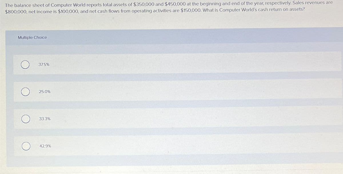 The balance sheet of Computer World reports total assets of $350,000 and $450,000 at the beginning and end of the year, respectively. Sales revenues are
$800,000, net income is $100,000, and net cash flows from operating activities are $150,000. What is Computer World's cash return on assets?
Multiple Choice
37.5%
25.0%
33.3%
42.9%