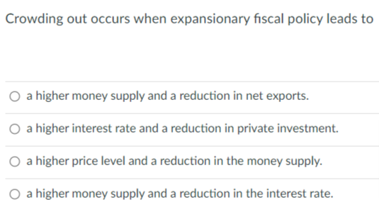 Crowding out occurs when expansionary fiscal policy leads to
a higher money supply and a reduction in net exports.
O a higher interest rate and a reduction in private investment.
O a higher price level and a reduction in the money supply.
O a higher money supply and a reduction in the interest rate.
