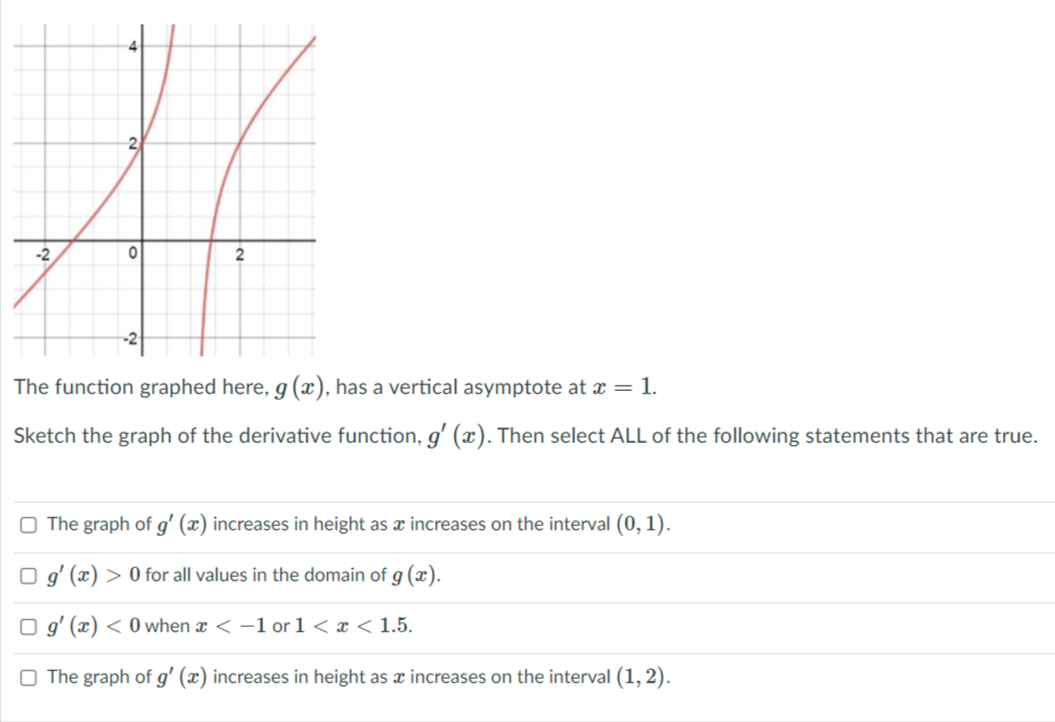 2
-2
The function graphed here, g (x), has a vertical asymptote at x = 1.
Sketch the graph of the derivative function, g' (x). Then select ALL of the following statements that are true.
The graph of g' (x) increases in height as æ increases on the interval (0, 1).
O g' (x) > 0 for all values in the domain of g (x).
O gʻ (x) < 0 when æ < -1 or 1 < a < 1.5.
O The graph of g' (x) increases in height as æ increases on the interval (1, 2).
2.
