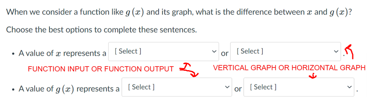 When we consider a function like g (x) and its graph, what is the difference between x and g (x)?
Choose the best options to complete these sentences.
• A value of x represents a
[ Select ]
or [ Select]
FUNCTION INPUT OR FUNCTION OUTPUT
VERTICAL GRAPH OR HORIZONTAL GRAPH
• A value of g (x) represents a [ Select ]
[ Select ]
or
