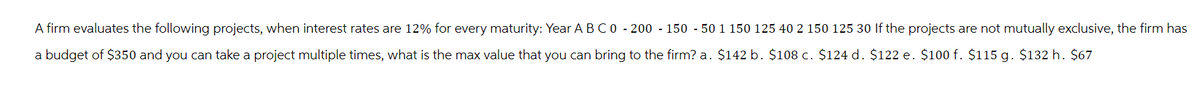 A firm evaluates the following projects, when interest rates are 12% for every maturity: Year A B C 0-200 - 150 - 50 1 150 125 40 2 150 125 30 If the projects are not mutually exclusive, the firm has
a budget of $350 and you can take a project multiple times, what is the max value that you can bring to the firm? a. $142 b. $108 c. $124 d. $122 e. $100 f. $115 g. $132 h. $67